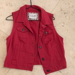 Sleeveless red denim jacket